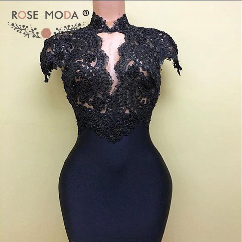 Rose Moda High Neck Short Cap Sleeves Navy Mermaid Prom Dress Lace See Through Top Sexy Evening Dress